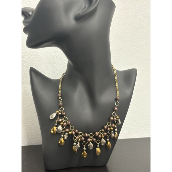 Vintage Bib Necklack Statement Red Orange Brown Silver Beads Costume - Picture 3 of 10